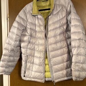 L.L. Bean Women's Light Gray Puffer Jacket with Yellow Liner